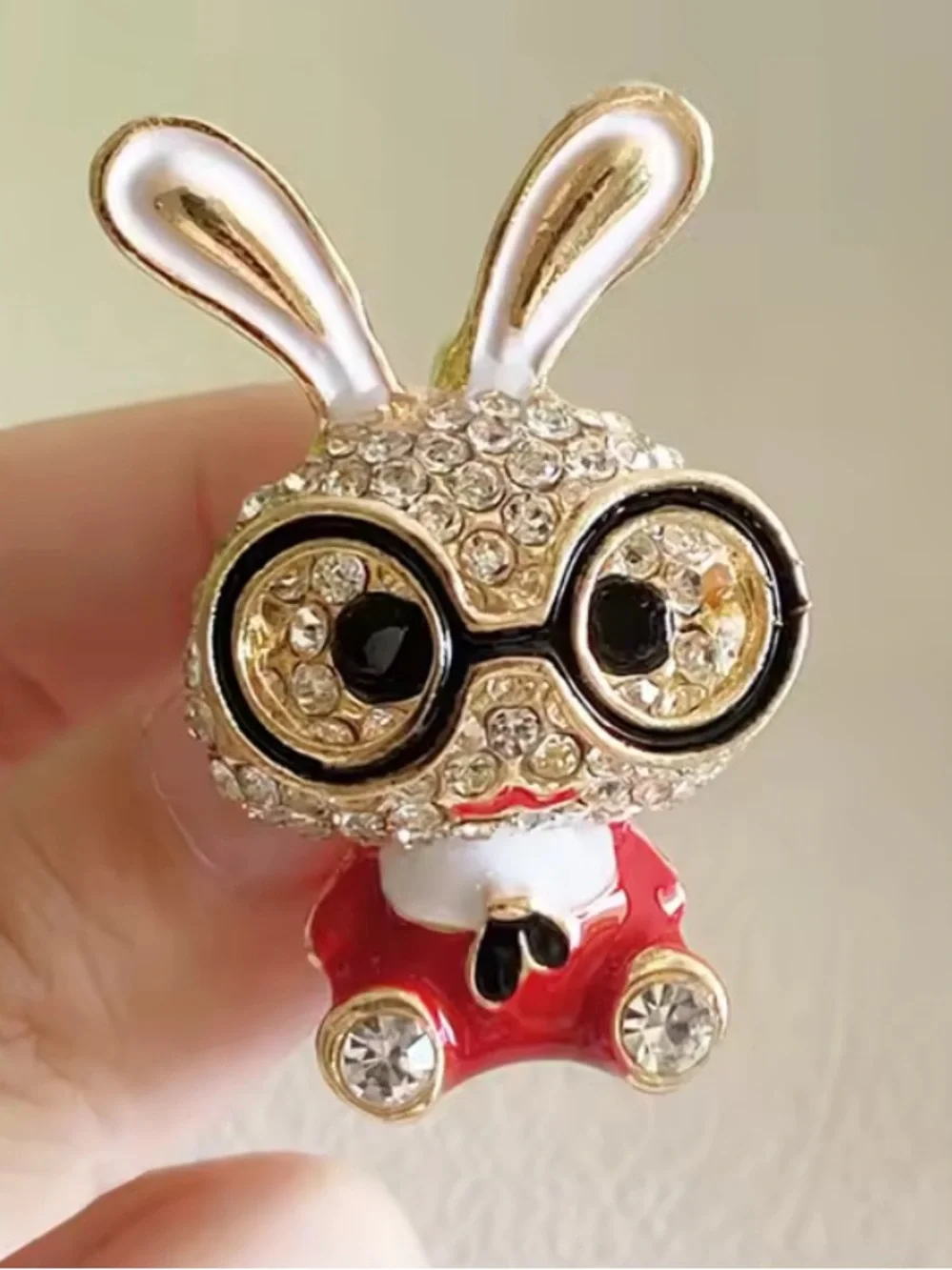 New! Anthropologie Gold-Tone Bunny Brooch with Red Enamel and Clear Crystals